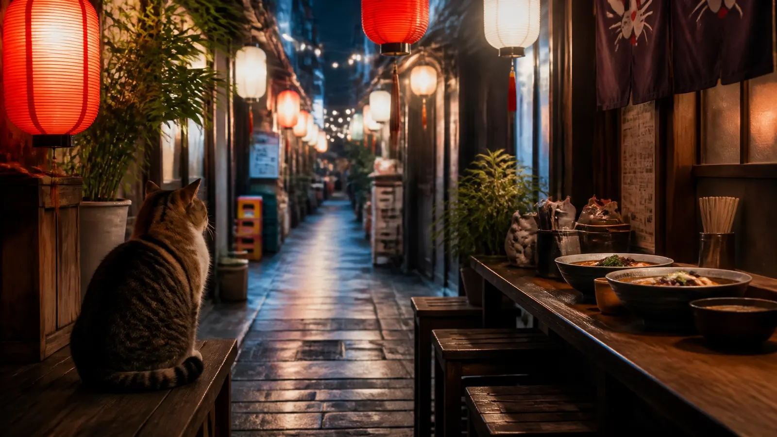 Tazón de ramen servido en un ambiente cálido y colorido